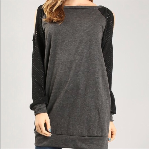 Black Gray Tunic Cold Shoulder Top - Picture 2 of 4